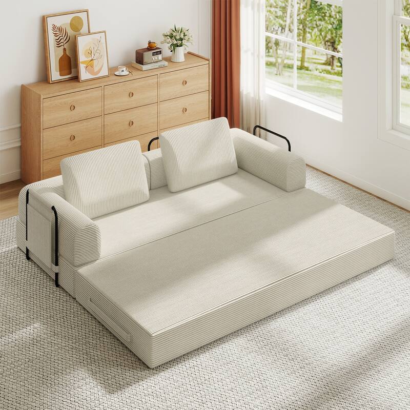 Convertible Sleeper Sofa Bed with Cylindrical Pillow - Corduroy Folding Mattress Couch with Fixed-Shape Frame