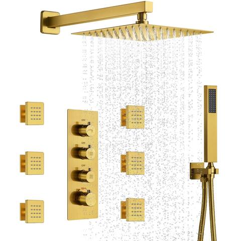 12" Wall Mount Rainfall 3 Way Thermostatic Shower Faucets Sets with 6 Body Jets