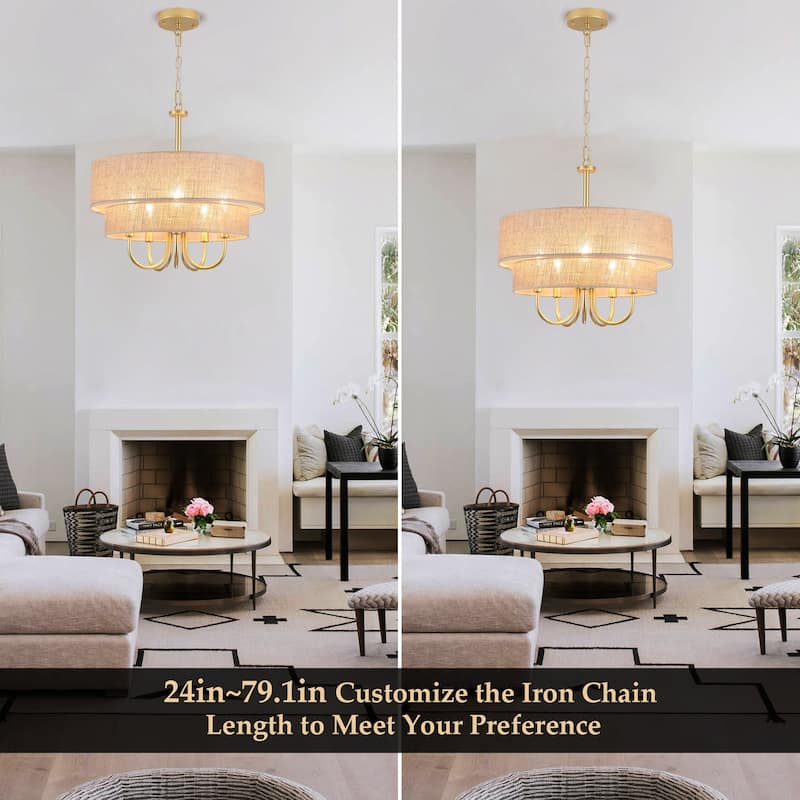 18.1-in 5-Light Farmhouse Rattan Pendant Light with 2-Tier Hand-Woven Drum Shade for multiple rooms