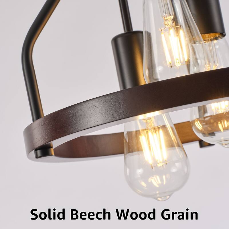 Starsky 3-Light Farmhouse Round Wood Flush Mount Ceiling Light, Industrial Caged Beech Wood Fixture with Black Metal Canopy