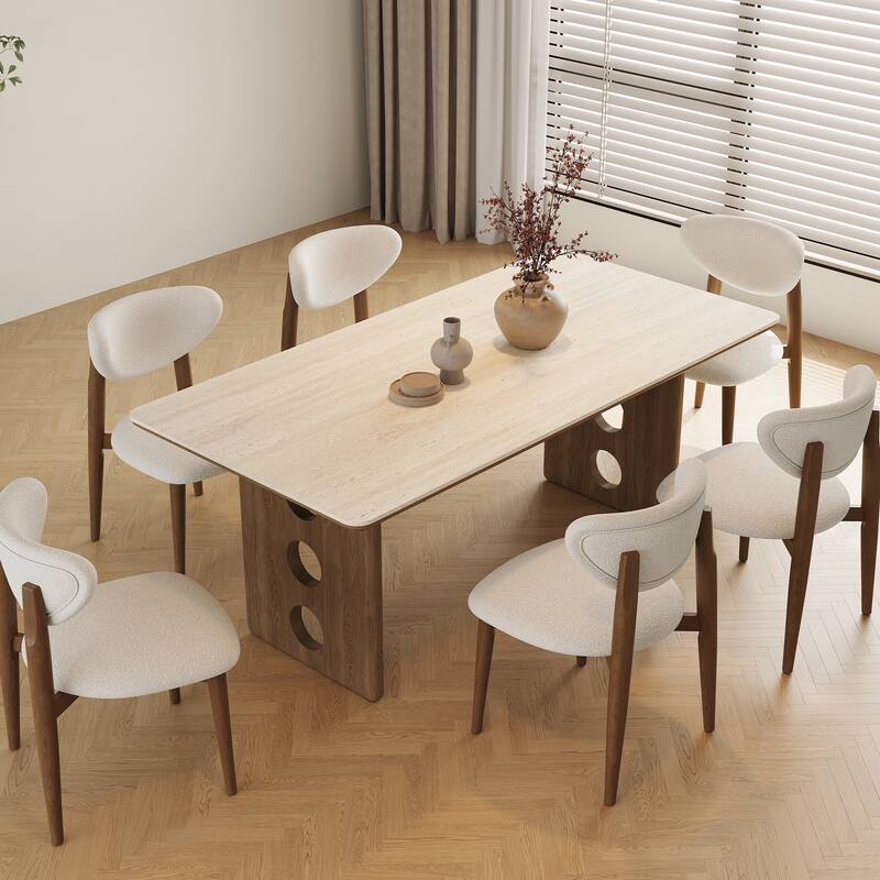71"Mid-Century Modern Dining Table For 6, Retangular Kitchen Table With Beige Travertine Sintered Stone Top - Travertine Sintered Stone