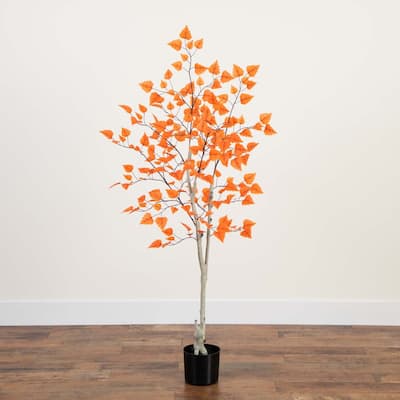 Paper Birch Artificial Potted Tree - 5' - Orange