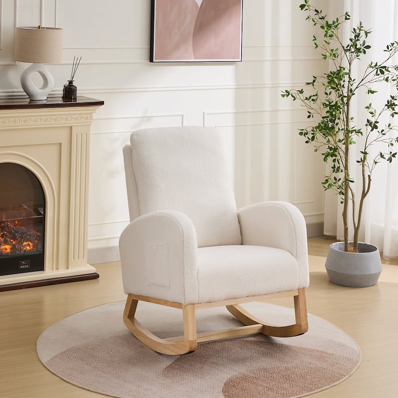 27.2"W Rocking Chair, Sherpa Glider Chair with High Back and Side Pocket, Rocking Accent Armchair with Rubber Wood Legs - Ivory