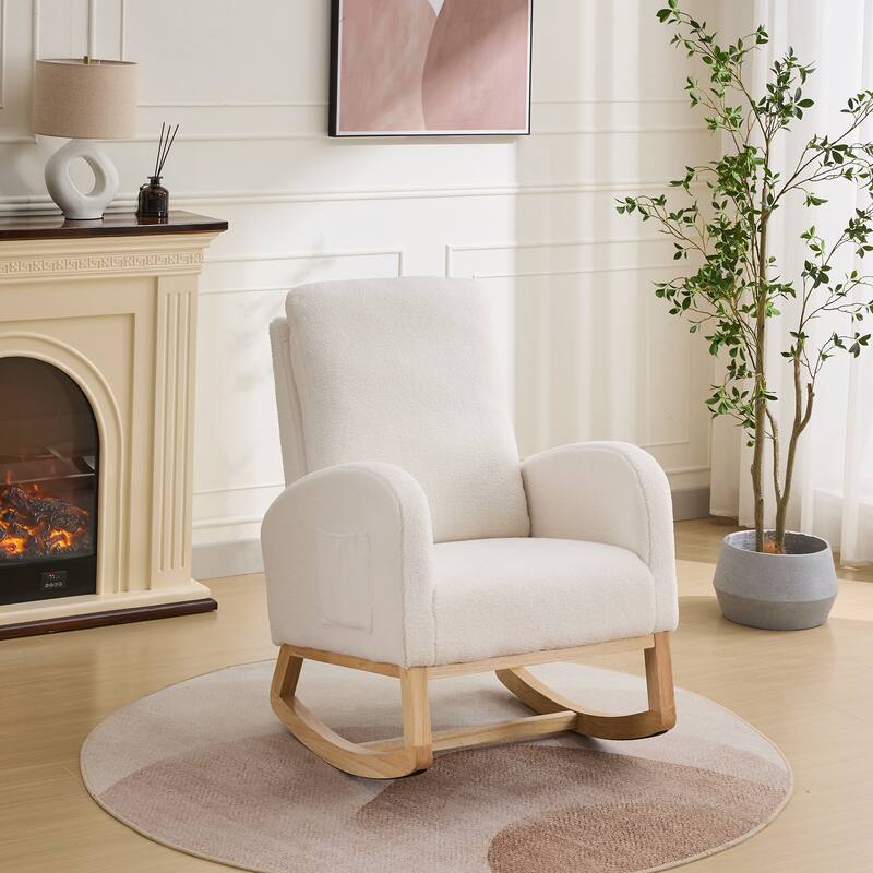 Modern 27.17" High Back Rocking Chair with Side Pocket and Rubber Wood Legs