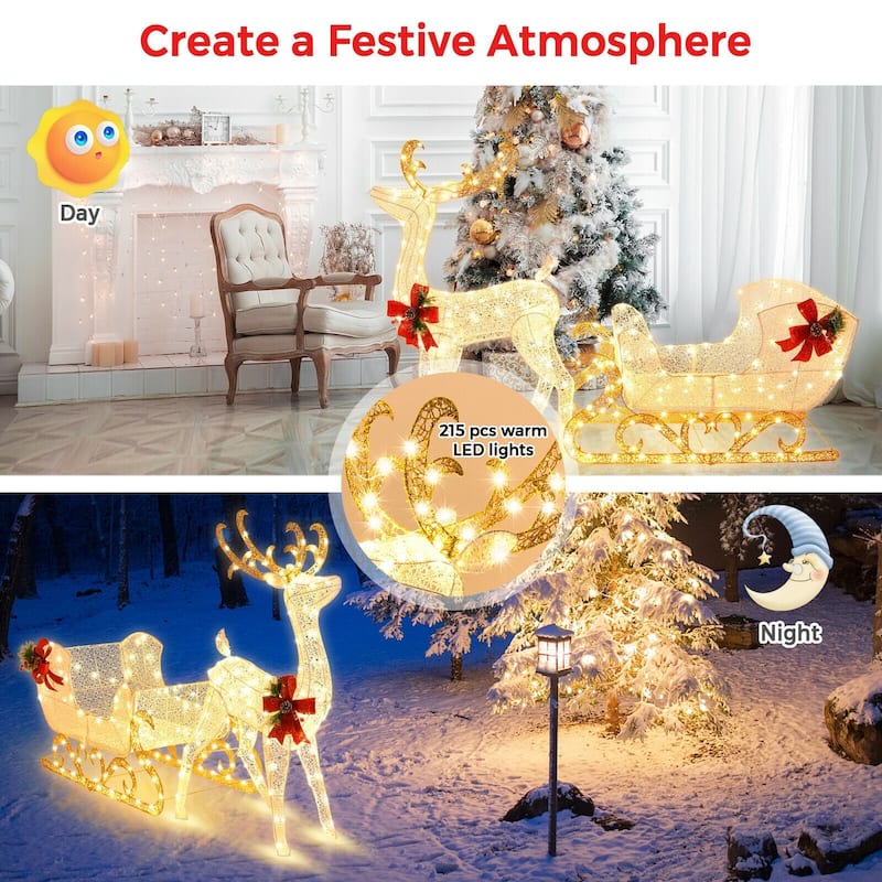 Lighted Reindeer and Sleigh Christmas Yard Decoration with 215 LED Lights for Outdoor Display