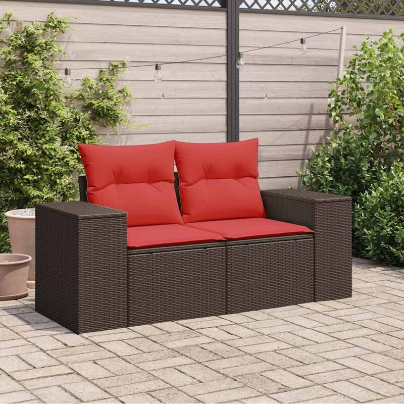 vidaXL Patio Sofa with Cushions 2-Seater Gray/Brown Poly Rattan - 73.2" x 24.4" x 27.2"