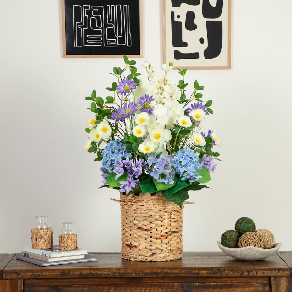 Mixed Flower and Hydrangea Artificial Arrangement in Weave Basket - 31" - Multicolor