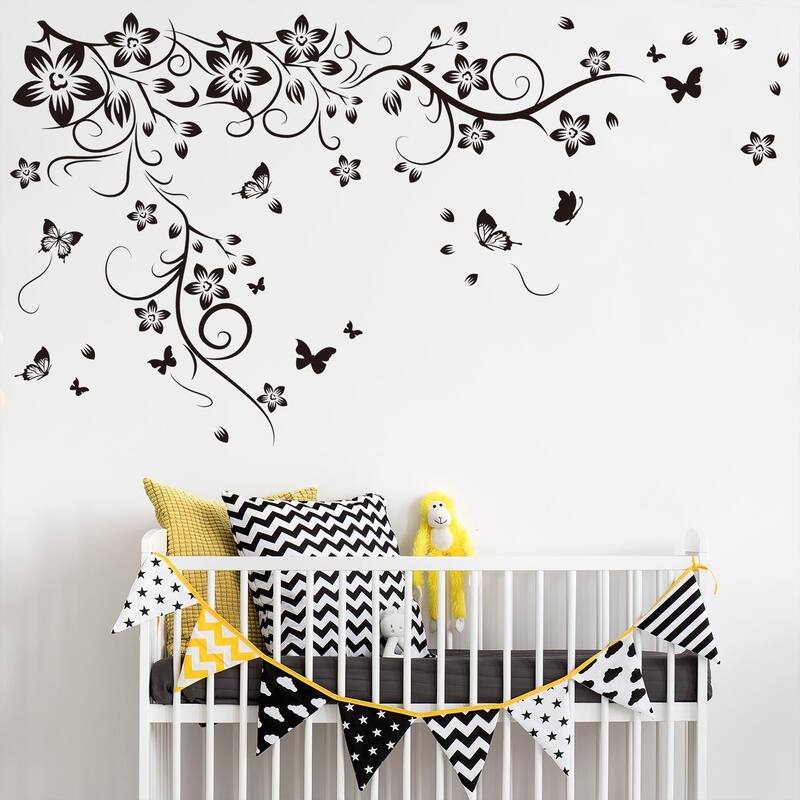Walplus Wall Sticker Black Flower Vine Butterfly Art Decal Decoration