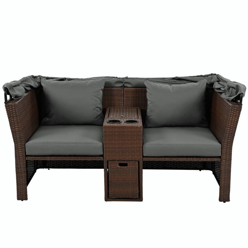 Outdoor Patio Loveseat Sofa Set with Foldable Awning