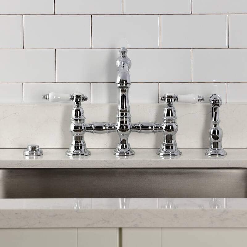 Kingston Brass Bel-Air Two-Handle 4-Hole Deck Mount Bridge Kitchen Faucet with Brass Side Sprayer