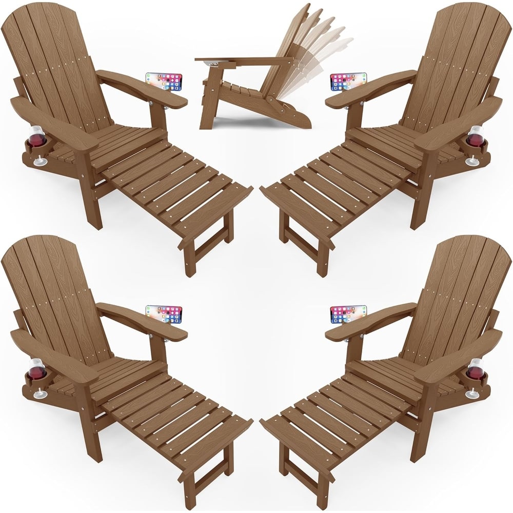 WINSOON All Weather HIPS Folding Adirondack Chair 5-Gear Adjustable Backrest Chairs with Retractable Ottoman Set of 4