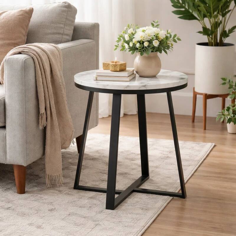 24 Inch End Table, White Faux Marble Round Top, Artisanal Metal Framework