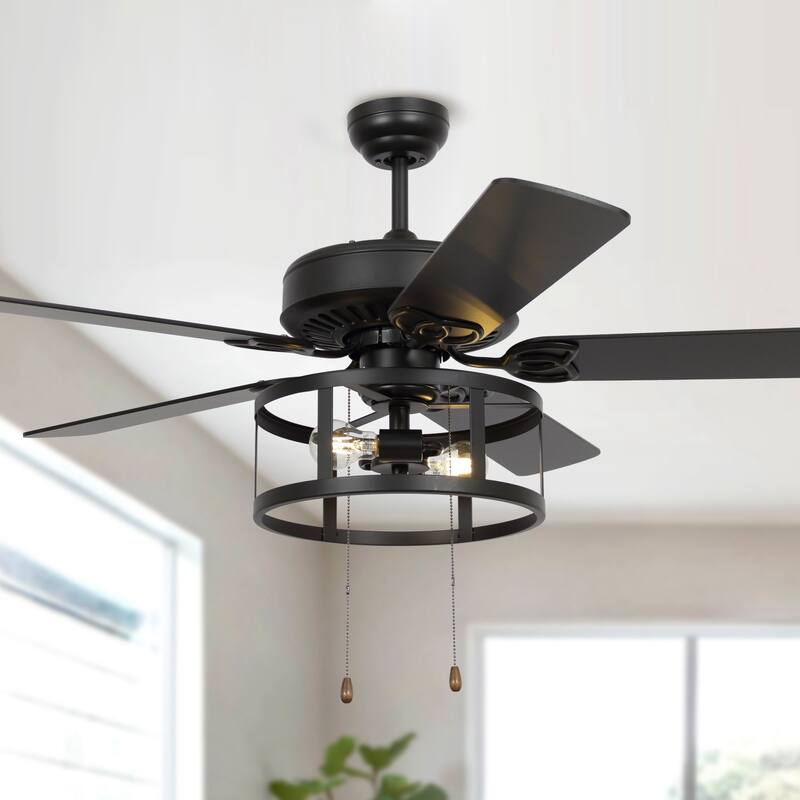 52" Industrial Black 5 Blades Caged Ceiling Fan with Light and Pull Chain