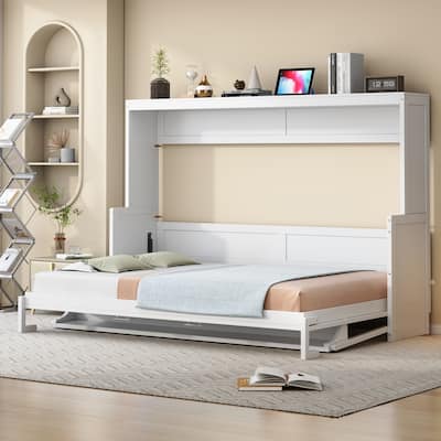 Queen Size Wall Murphy Bed with Hydraulic Lift & Desk, Solid Wood Platform Bed Frame w/Storage Shelf for Guest Room Home Office