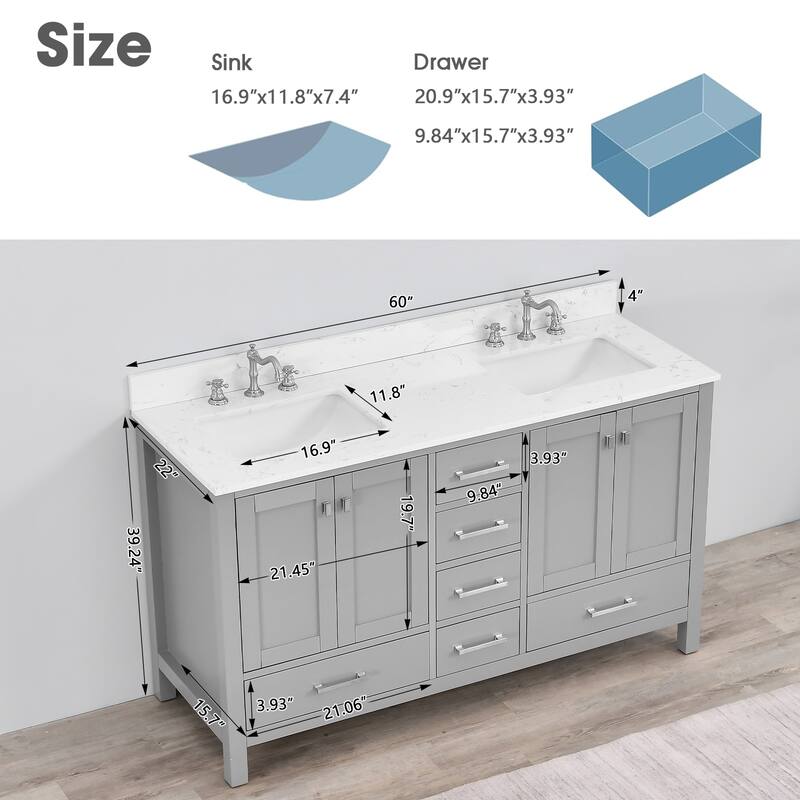 OpalithD 60 in. Bathroom Vanity with Double Sinks, Wood Bath Cabinet with Top