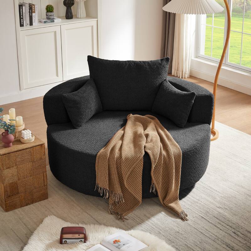 360° Swivel Accent Chair, Oversized Chenille Upholstered Round Barrel Chair, Lounge Reading Chair with 3 Removable Pillows