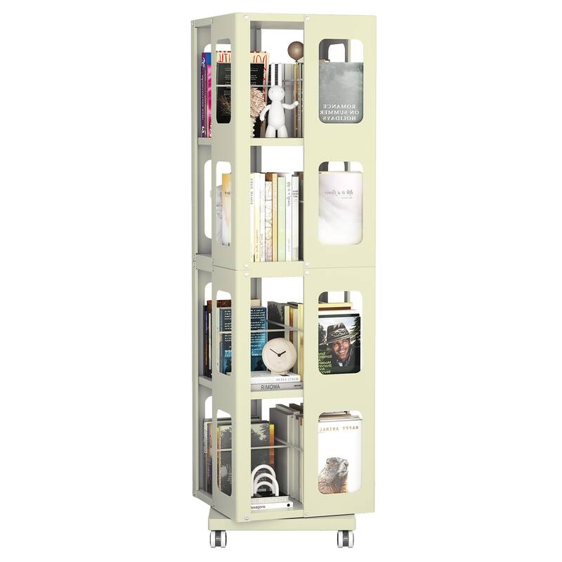 Modern 4-Tier Rotating Bookcase – 360° Swivel Wheels For Easy Mobility, Extra-Large All-Steel Construction .