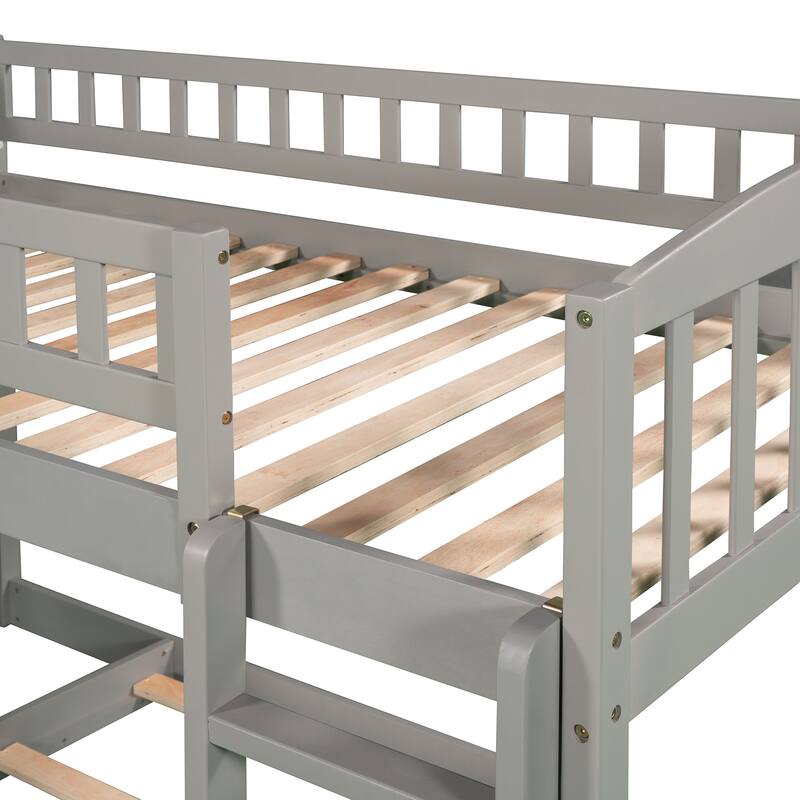 Twin Over Twin Bunk Bed Frame with Slide & Ladder, Solid Wood Low Bunkbeds w/Safety Guardrails, Noise Free, No Box Spring Needed
