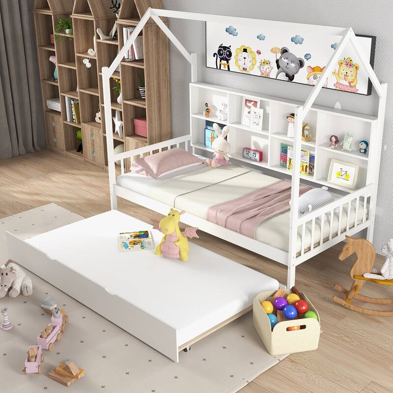 Gymax Twin House Daybed with Trundle Wooden Bed 8 Storage Shelf
