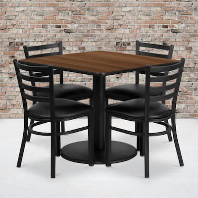 36'' Square Laminate Table Set with Round Base and 4 Ladder Back Metal Chairs