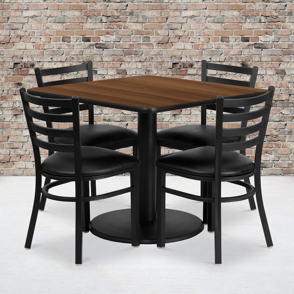 36'' Square Laminate Table Set with Round Base and 4 Ladder Back Metal Chairs