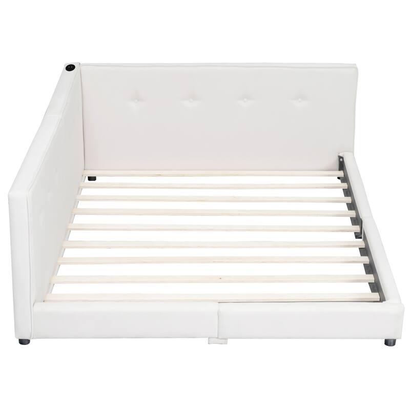 Beige Queen Linen Low Platform Bed Frame with USB Ports and Semi-enclosed Design