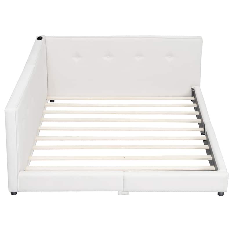 Upholstered Queen Size Platform Bed with USB Ports, Beige