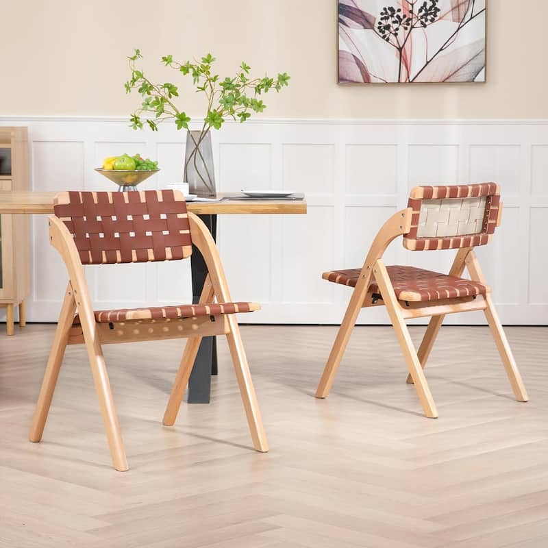 Wooden Stackable Dining Folding Chairs with Padded Seats(Set of 2) - Brown With Leather Strap