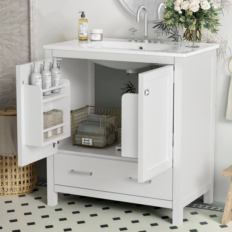 30-Inch Gray Bathroom Vanity with Ceramic Undermount Sink, Soft-Close Doors, and Adjustable Storage Compartments
