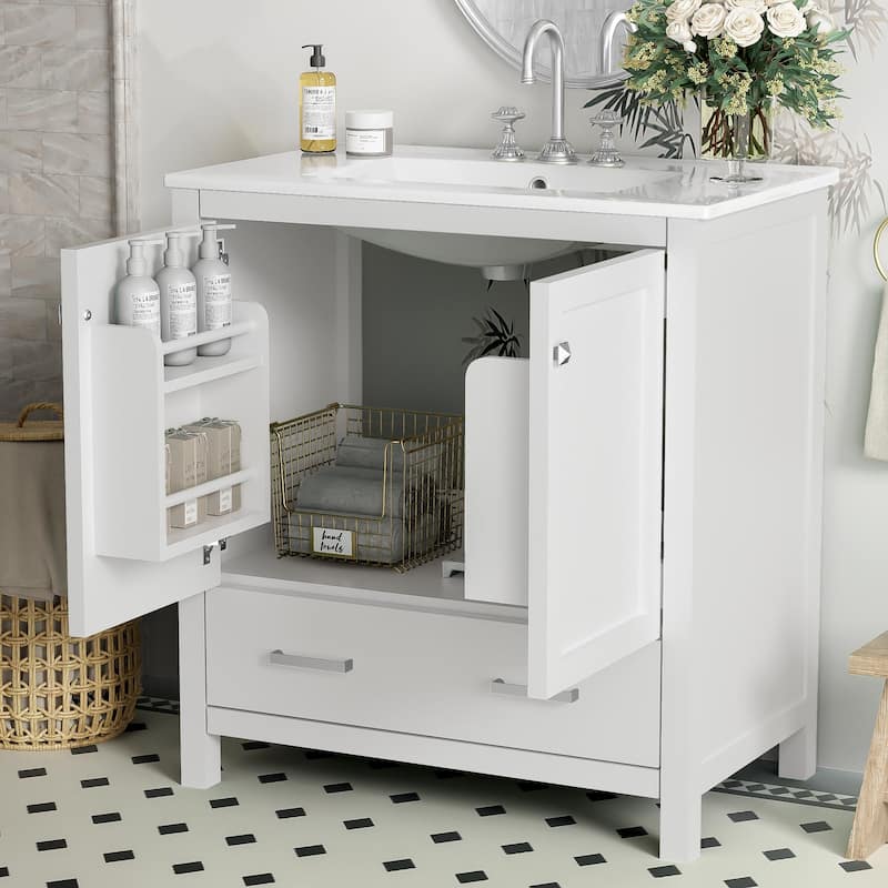 GDFStudio - Aurora Wood & Ceramic Bathroom Vanity Set with Sink and Divided Drawers - 30" - White