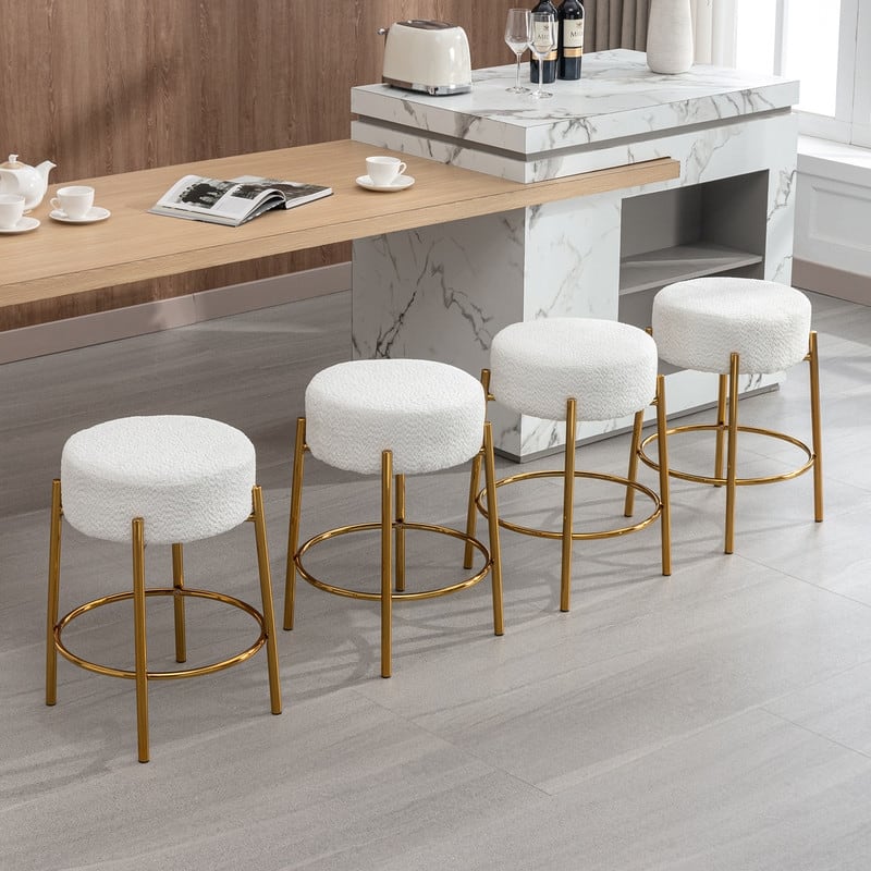 Mixoy Backless 24"Counter Height Velvet Bar Stools with steel Legs - Set of 4 - White with gold legs - Counter Height