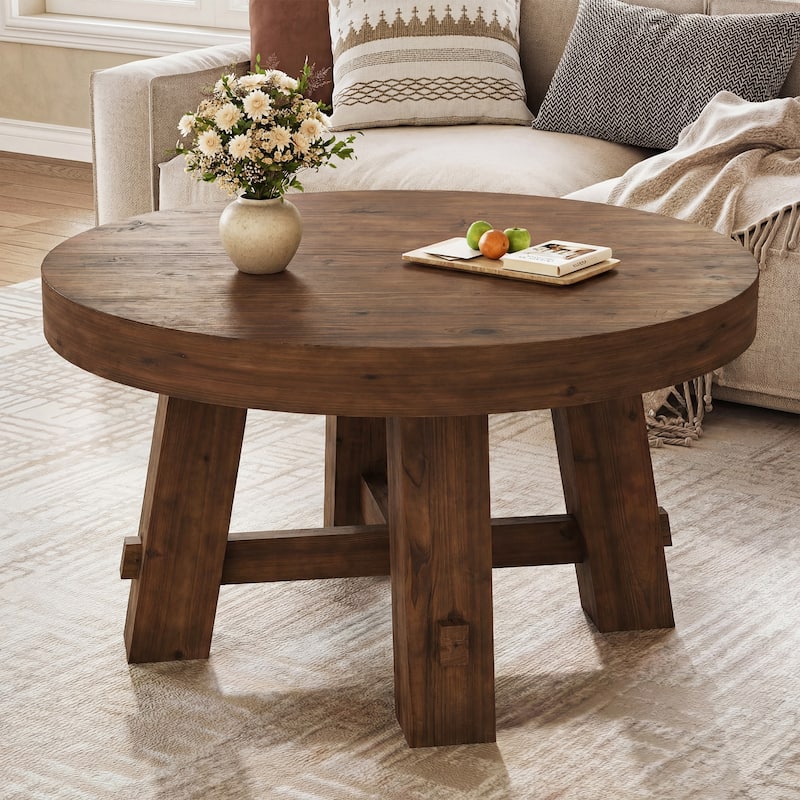 31.5-Inch Round Coffee Table, Solid Wood Center Table - Walnut Brown