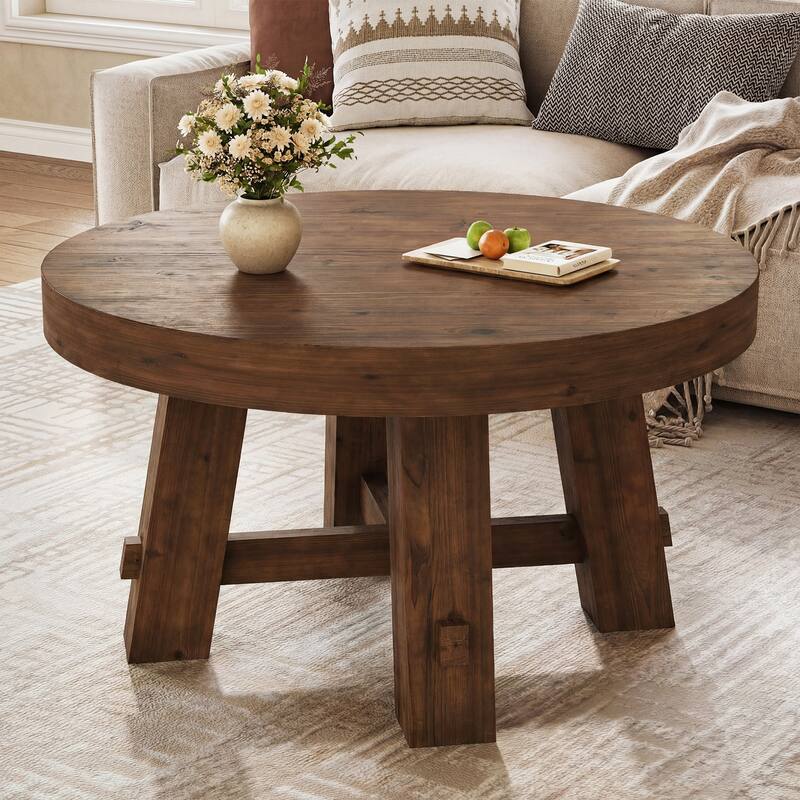 31.5-Inch Solid Wood Coffee Table, Round Center Table for Living Room, Apartment - Dark Walnut