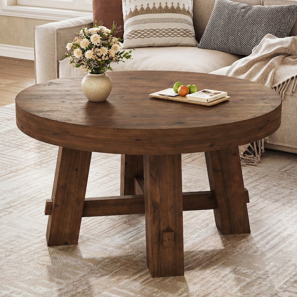 31.5-Inch Solid Wood Coffee Table, Round Center Table for Living Room, Apartment