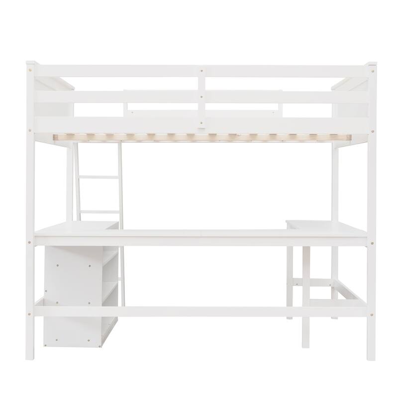 Full Size Wooden Loft Bed with Shelves and Desk in White