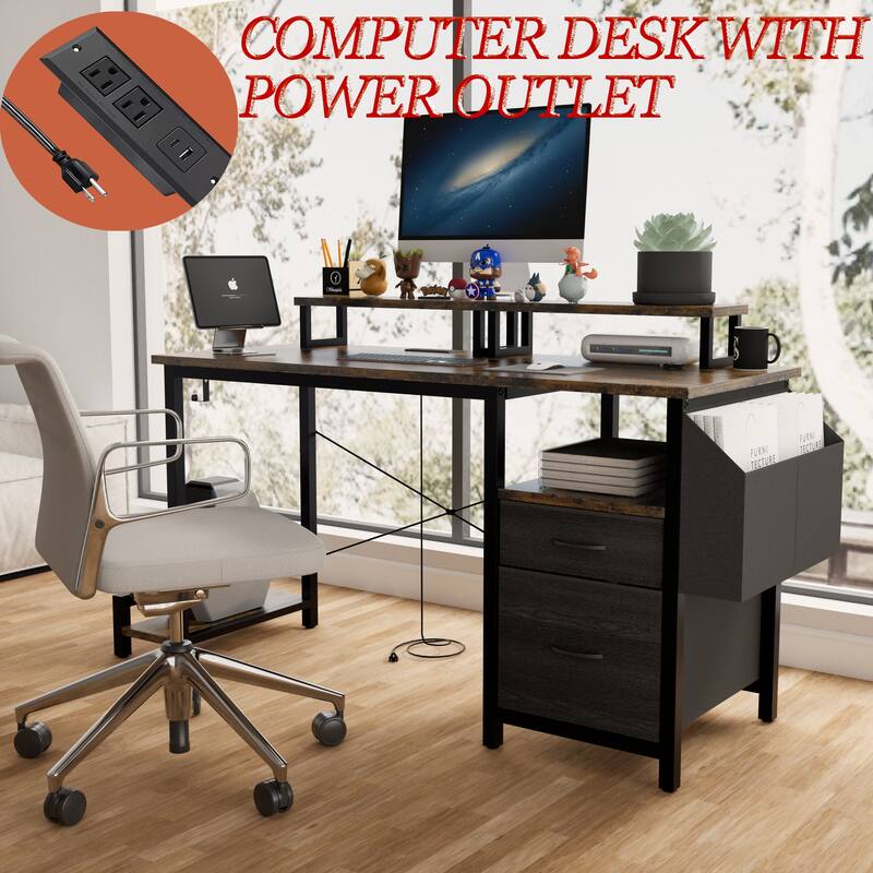 47" Office Desk with 2 Monitor Stands and Fabric File Cabinet, Writing Gaming Table with Shelves and Hooks for Home Office