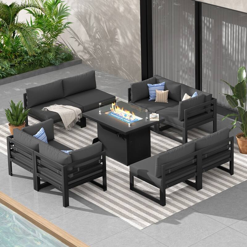 9-Piece Aluminum Outdoor Furniture Set With Fire Pit Table Propane/Natural Gas 60,000 BTU, Extra Large Aluminum Patio Sectional
