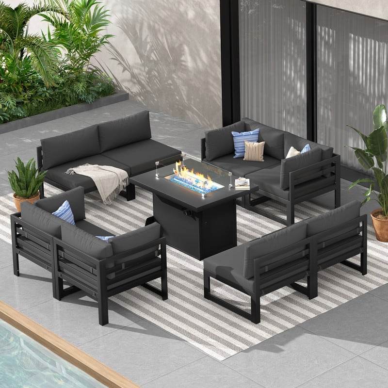 FINCATI 9 Piece Extra-large Outdoor Furniture Aluminum Patio Set with Propane/Natural Gas Firepit Table - Dark Grey