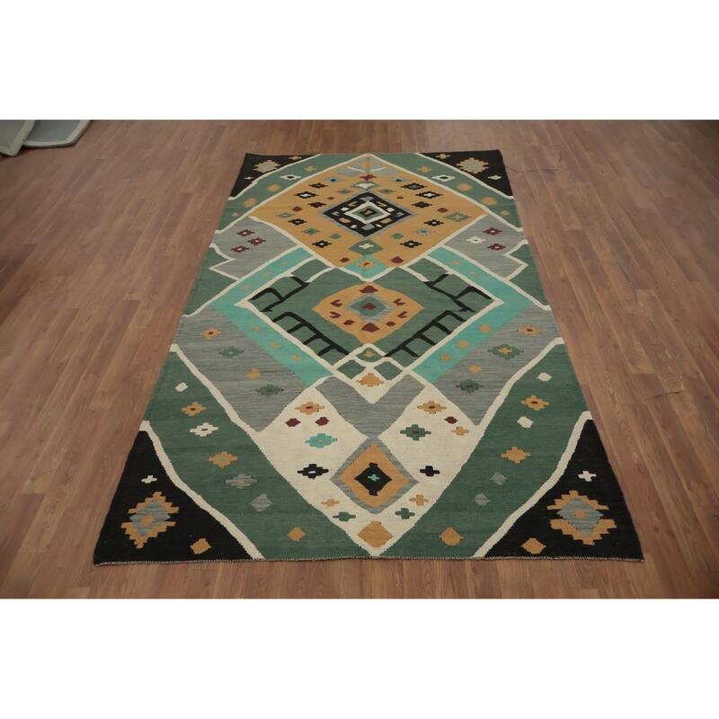 Hand Woven Oriental 100% Wool Carpet Southwestern Tribal Green Kilim Area Rug - 8' 9'' X 4' 11''