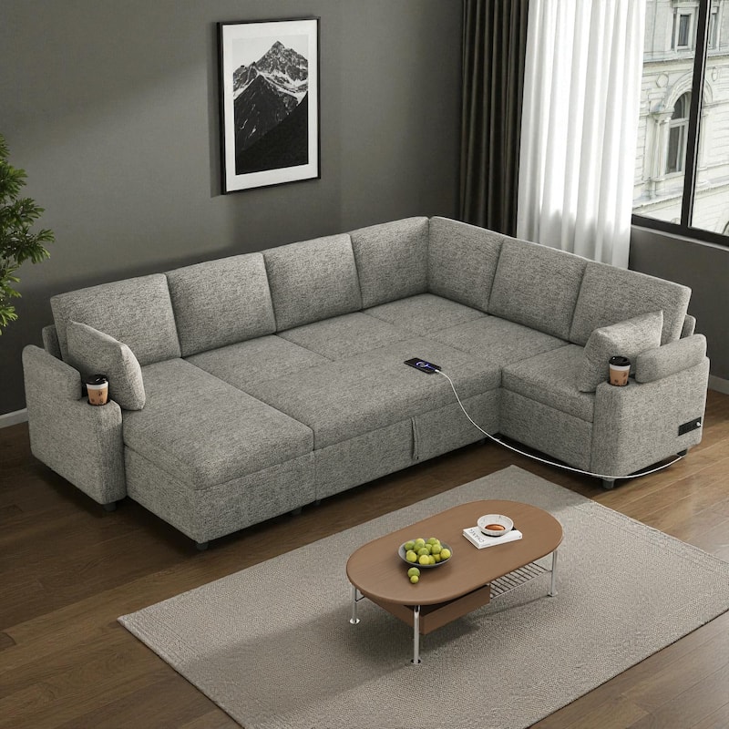 109.9" U-Shaped Convertible Sectional Sofa Bed with Storage Chaise Cup Holders Power Outlets USB Ports Chenille Couch - Light Grey