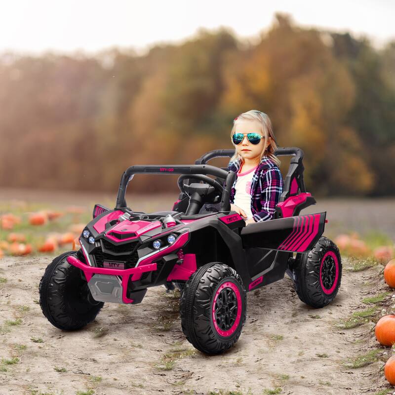 24V Kids 2-Seater Electric Car with Dual Motors, Ride-On Car Electric Vehicle with LED Lights & Music - Pink