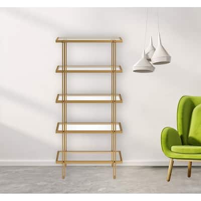 HomeRoots 68" Gold Metal And Glass Five Tier Standard Bookcase