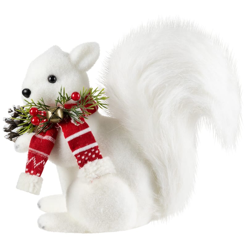 Winter Squirrel with Pinecone and Bell Christmas Figurine - 9" - White