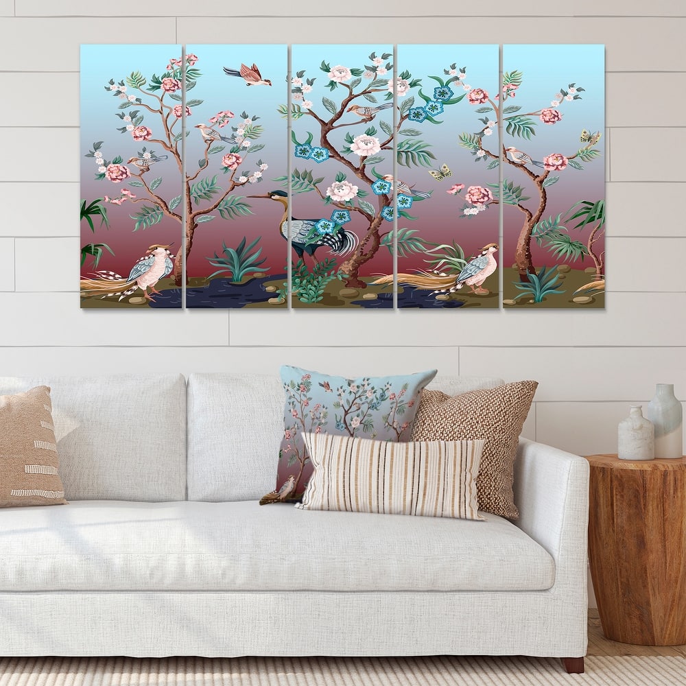 Designart "Chinoiserie With Birds and Peonies XI" Traditional Canvas Wall Art Print