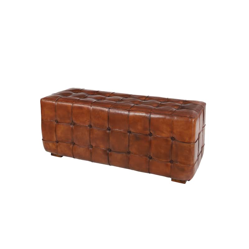 Brown Leather Tufted Upholstered Home Bench with Block Feet