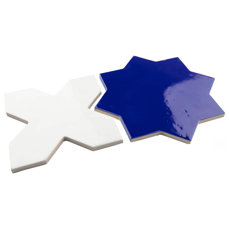 Merola Tile Argile Star Blue with Bianco Cross 7" x 14" Porcelain Floor and Wall Tile - Kit (2 Tiles)