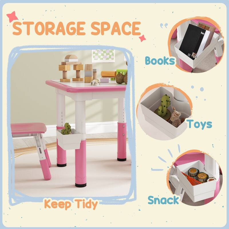 Kids Adjustable Table and Chair Set with Storage Box White Pink Activity Play Furniture for Toddlers and Preschoolers