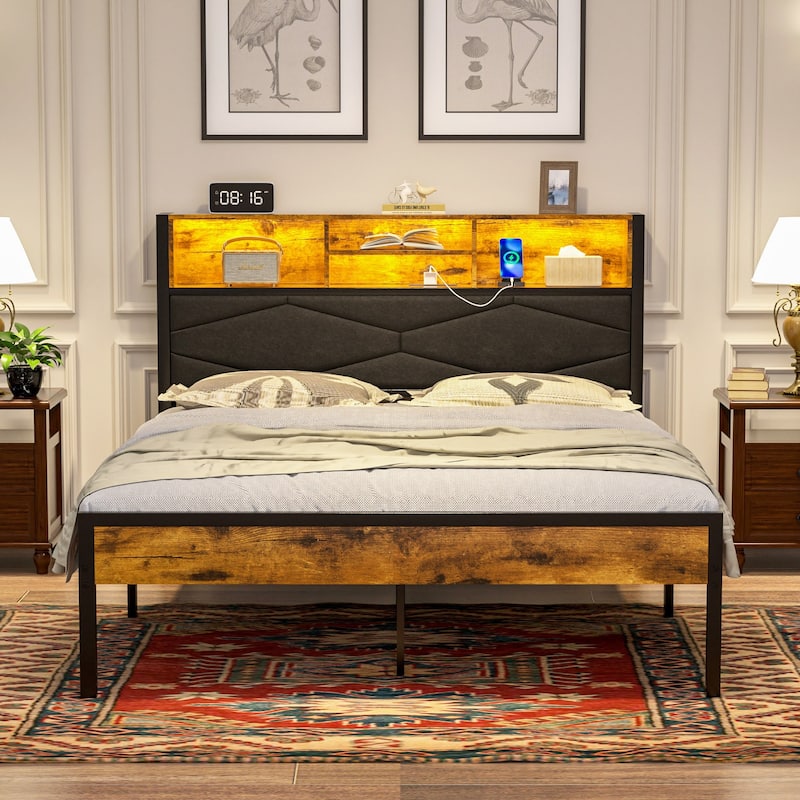 VECELO PU Leather Smart Bed Frame with RGB LED Lights and Bookcase Storage USB Outlet Charging Headboard No Box Spring