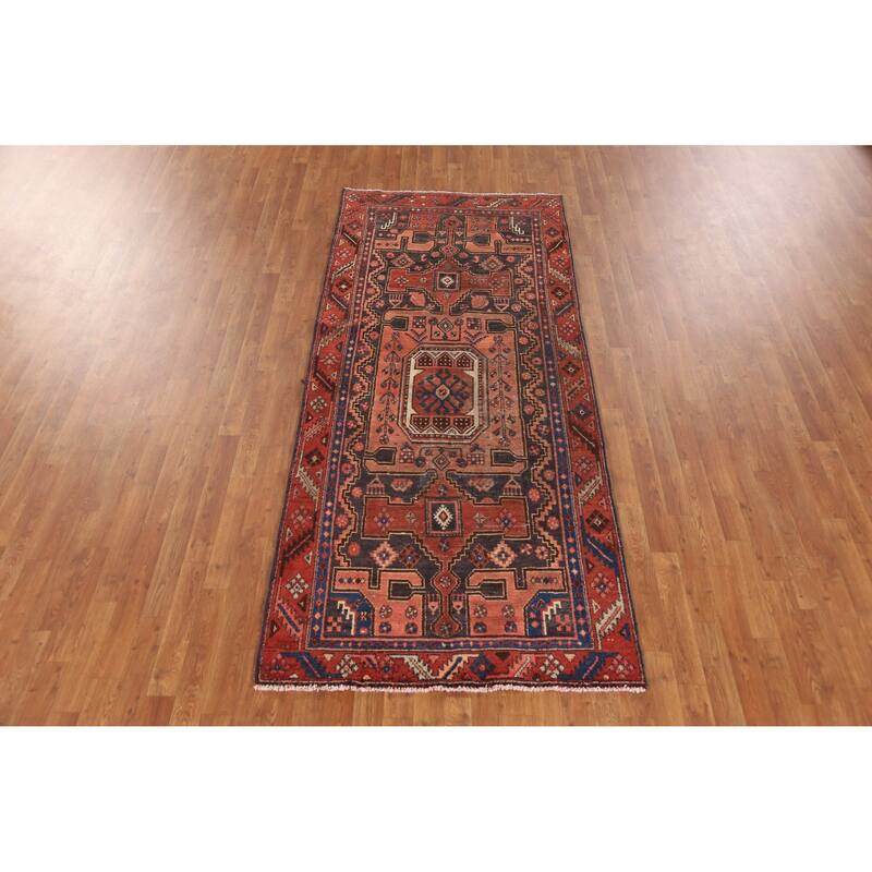 Hand Knotted Oriental 100% Wool Carpet Traditional Geometric Navy Blue & Blues Hamedan Runner Rug - 8' 9'' X 3' 8''