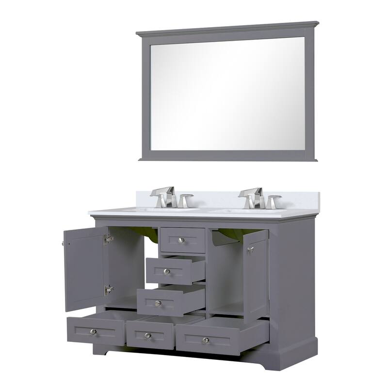 Dukes 48 in. W x 22 in. D White Double Bath Vanity, White Quartz Top, Faucet Set, 46 in. Mirror